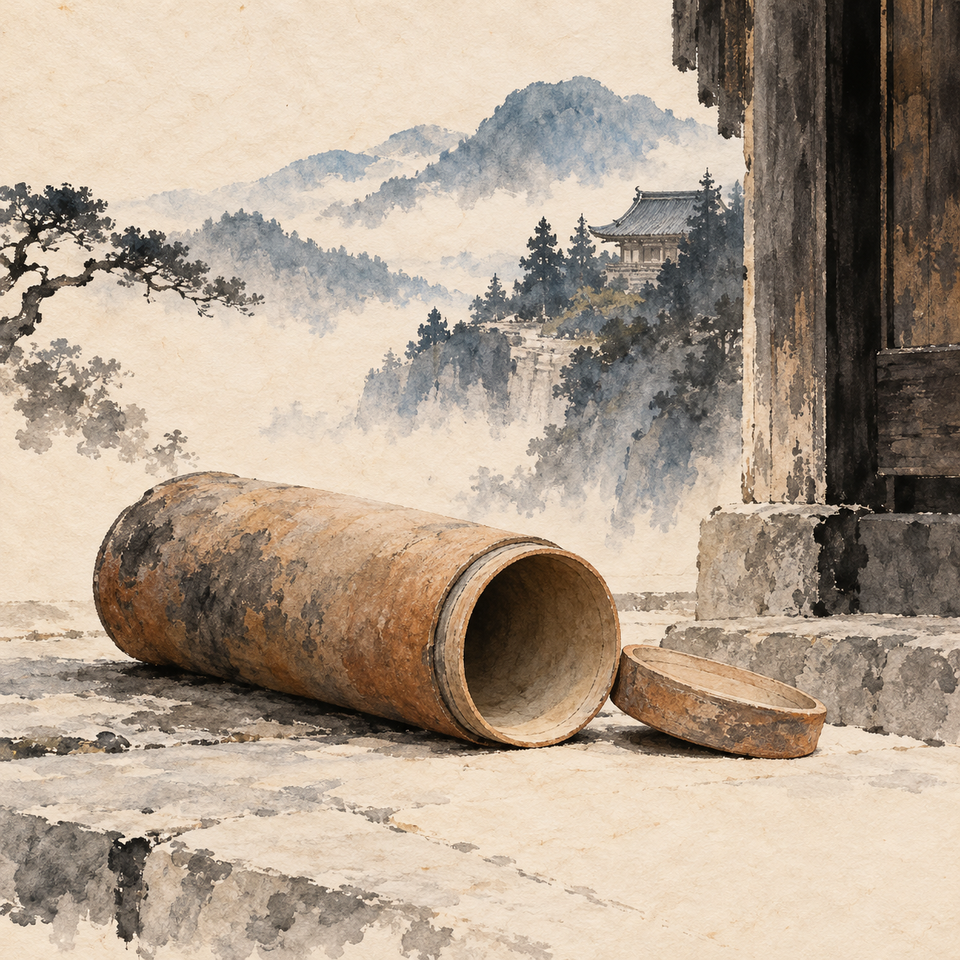 An empty clay scroll case lies open beside a stone temple threshold.