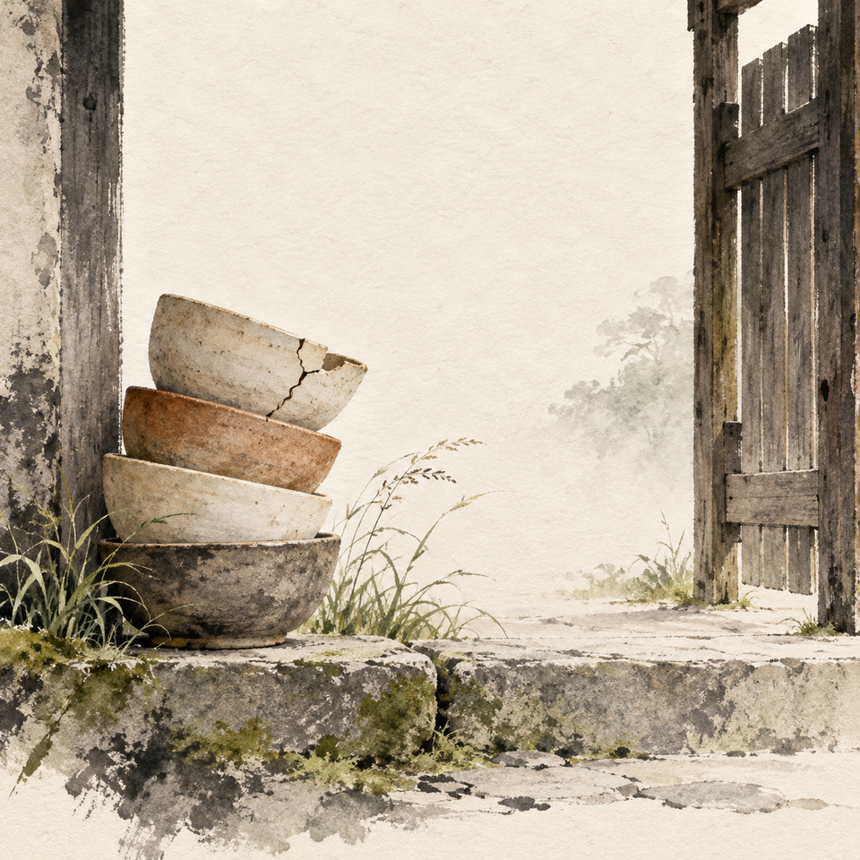 A cracked ceramic bowl rests on a stone threshold beside a narrow wooden gate and sparse grasses.