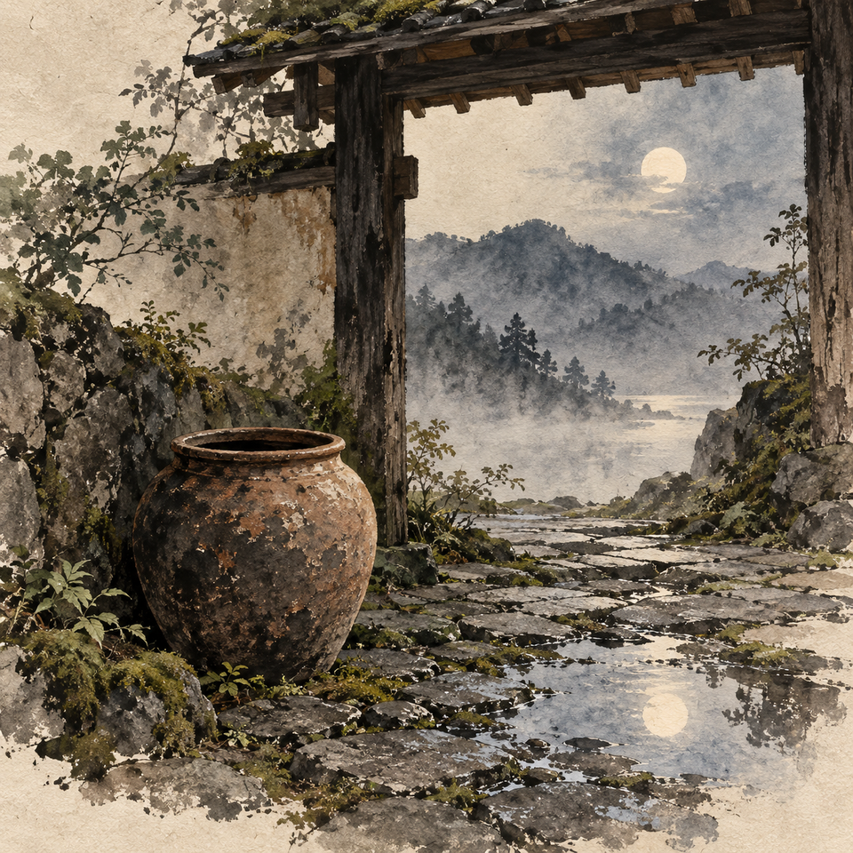 An empty clay jar rests on a mossy stone path beneath a wooden gate.