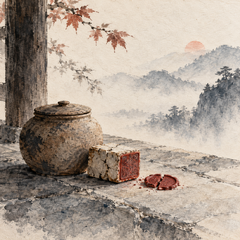 A weathered clay jar and cracked red seal sit on a mountain veranda.