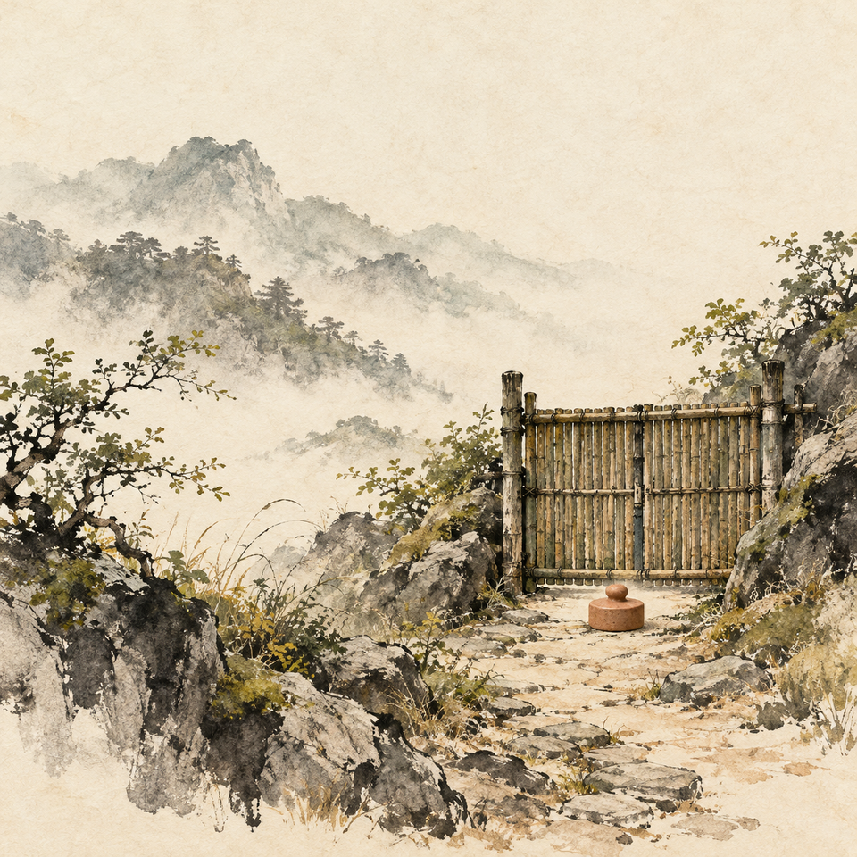 A closed bamboo gate blocks a mountain path beside a plain clay seal.