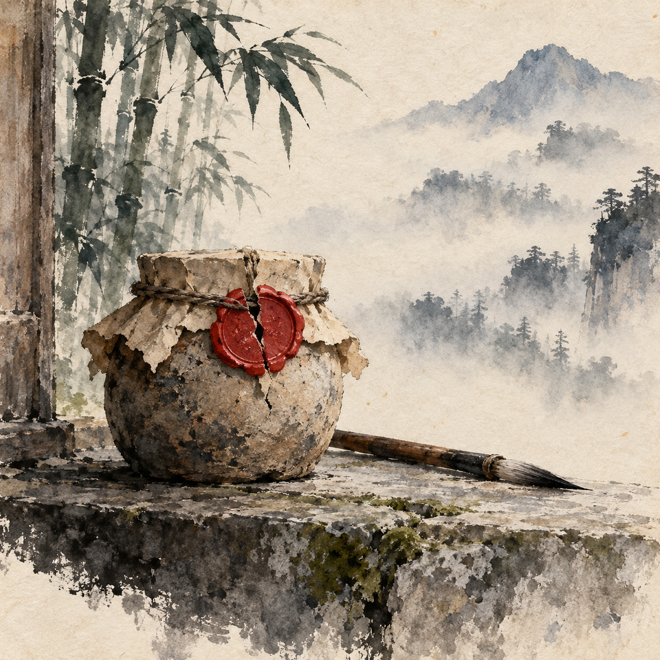 A weathered clay vessel with a split red seal rests beside a brush on a misty stone threshold.