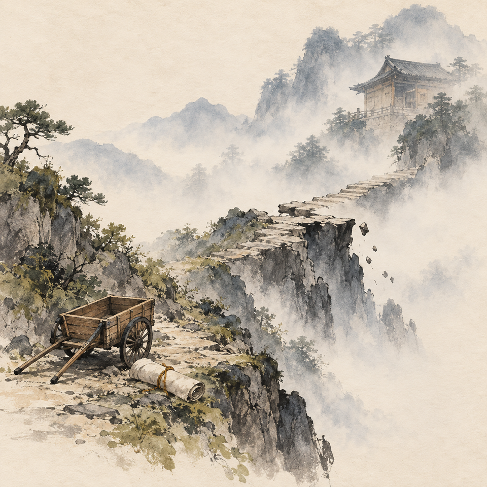 An empty wooden handcart and a rolled bundle rest on a broken mountain path below a misty temple.