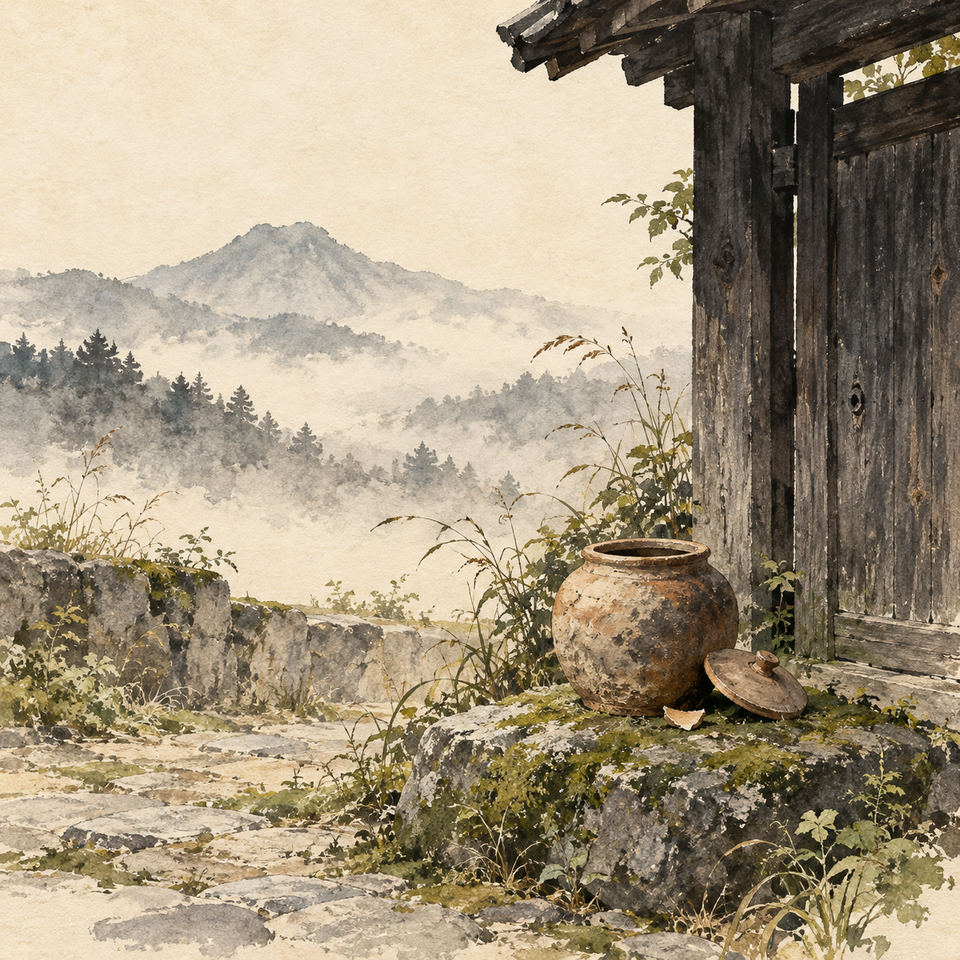 An empty earthenware jar and lid rest beside a weathered wooden gate above a misty mountain valley.