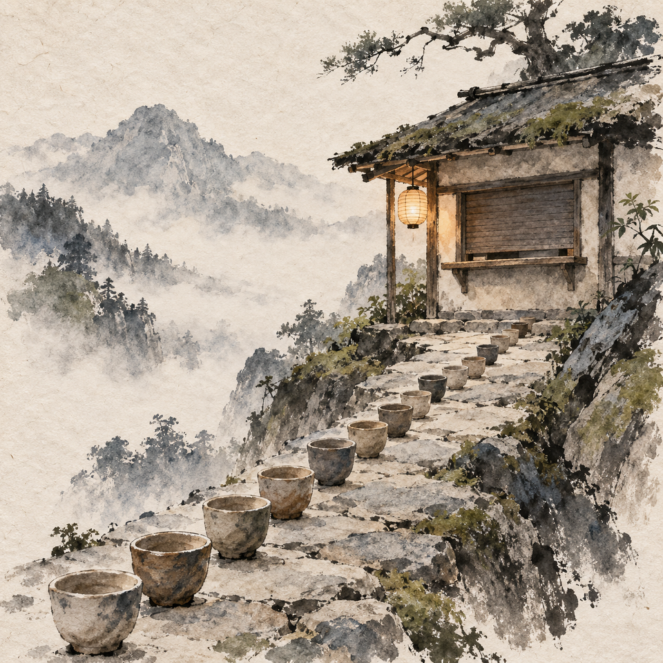 A closed mountain tea house overlooks a misty valley, with empty clay cups lining its stone path.